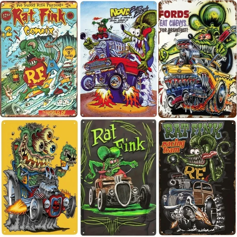 Vintage Metal Tin Poster Rat Fink Retro Metal Tin Signs Posters Plate Wall Decor for Bar Restaurant Cafe Clubs Retro Plaque