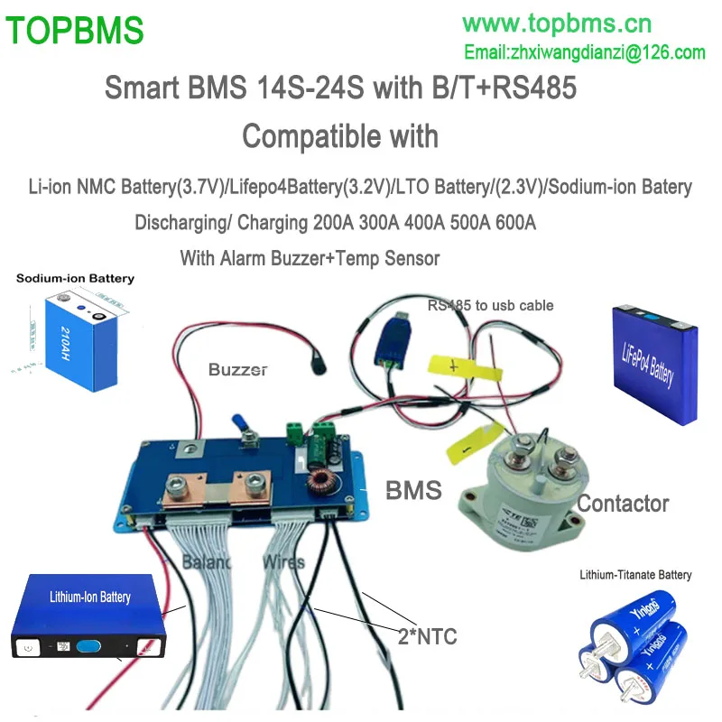 

TOPBMS 14S-24S 20S 21S 22S 48V 24S 60V 200A 300A 400A 500A 600A Bluetooth RS485 LiFepo4 Lithium Titanate LTO Battery