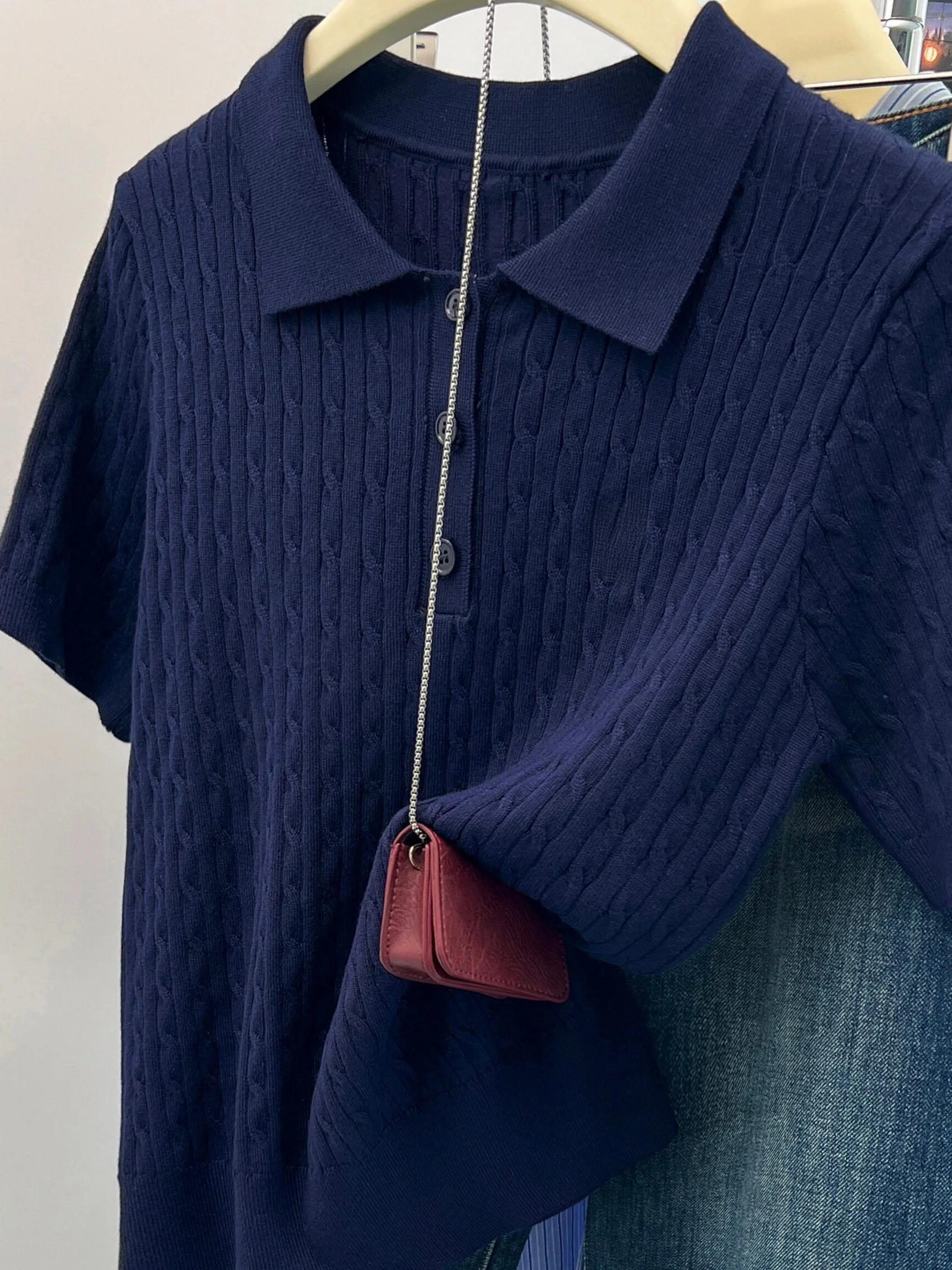 Summer New Style College Wind Dark Blue  Collar Short Sleeve Knitted Sweater Women's Retro Fashion Shoulder Top