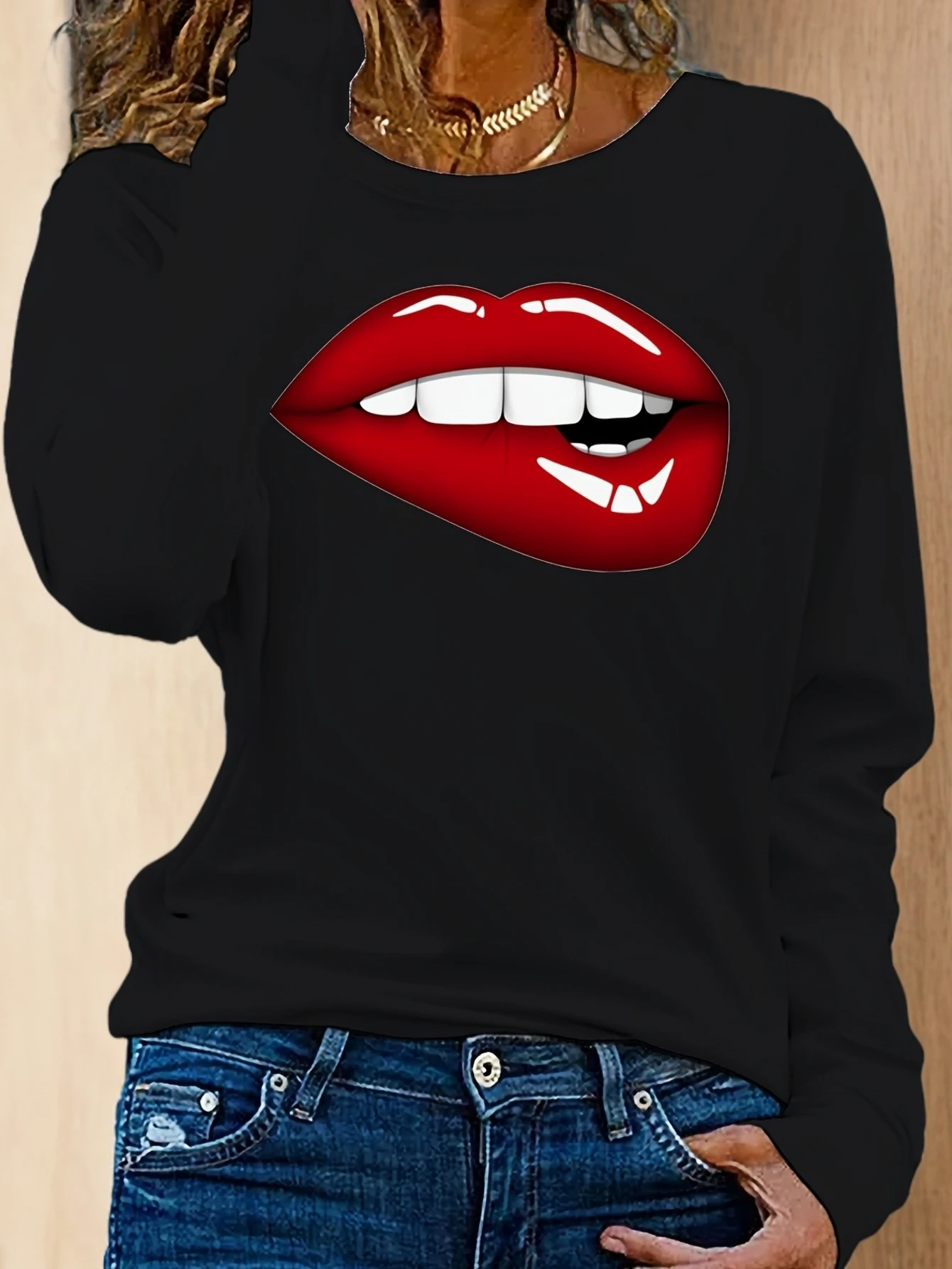 Women's Spring and Autumn 100% Pure Cotton Fashionable Casual Loose Red Lip Printed Round Neck Long Sleeved T-Shirt Top