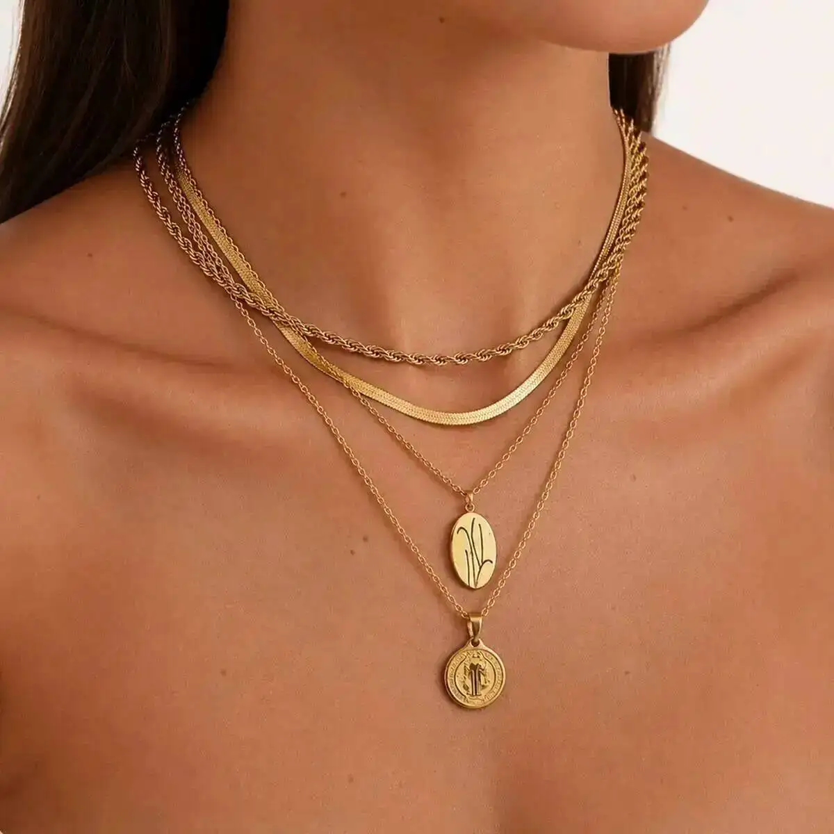 SHIXIN 4 Styles Punk 18K Gold Plated Stainless Steel Choker Necklace Women Retro Round Pendant Clavicle Chain Daily Wear Jewelry