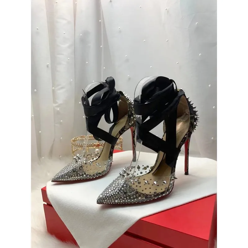 

Rivet black snake pattern pointed sexy ribbon PVC transparent rhinestone fine heel women's super high heels single shoe