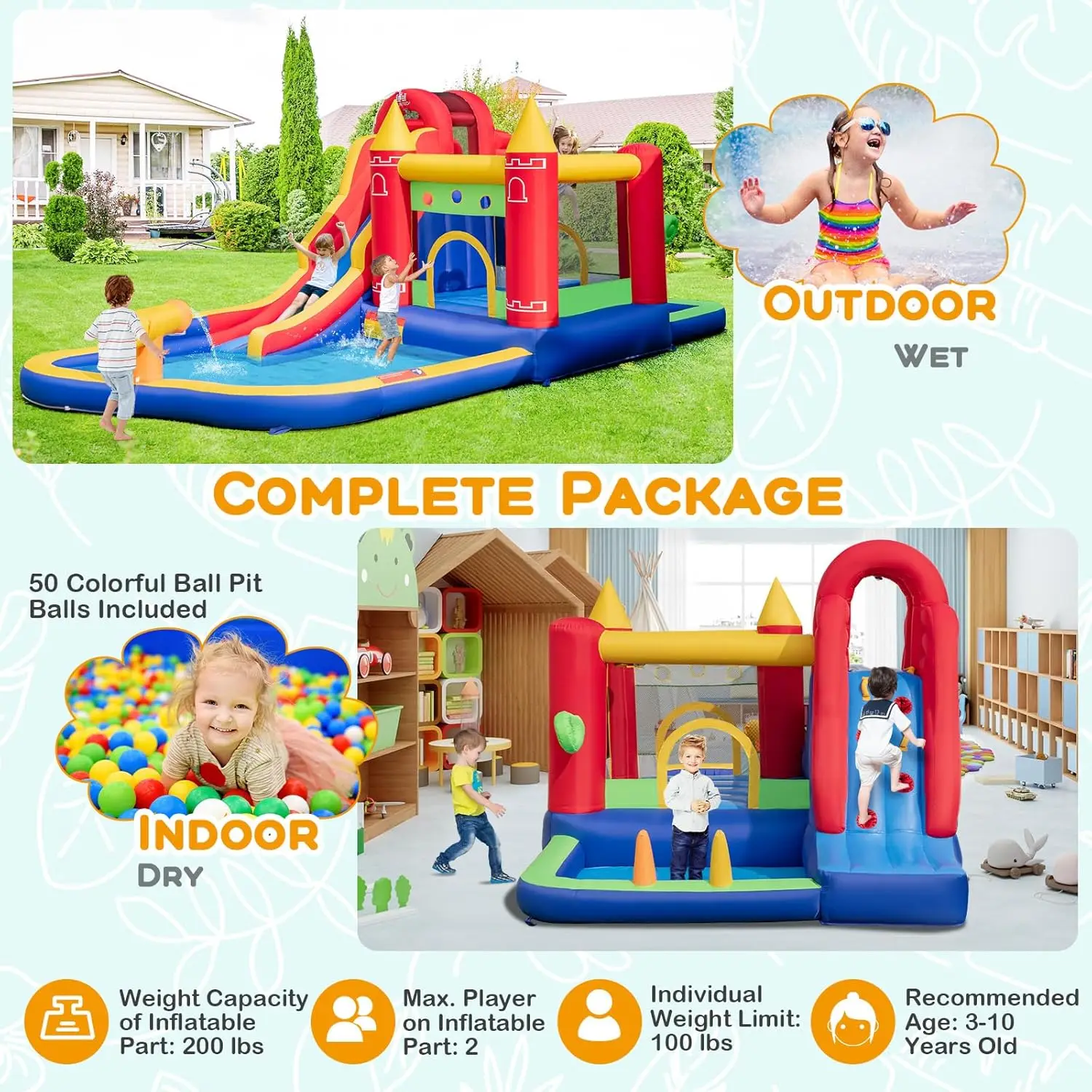 Nadmuchiwana zjeżdżalnia wodna, Mega Park wodny Bounce House zjeżdżalnia wodna Combo do zabawy na świeżym powietrzu w/750W dmuchawa, brodzik, wysadzenie W powietrze