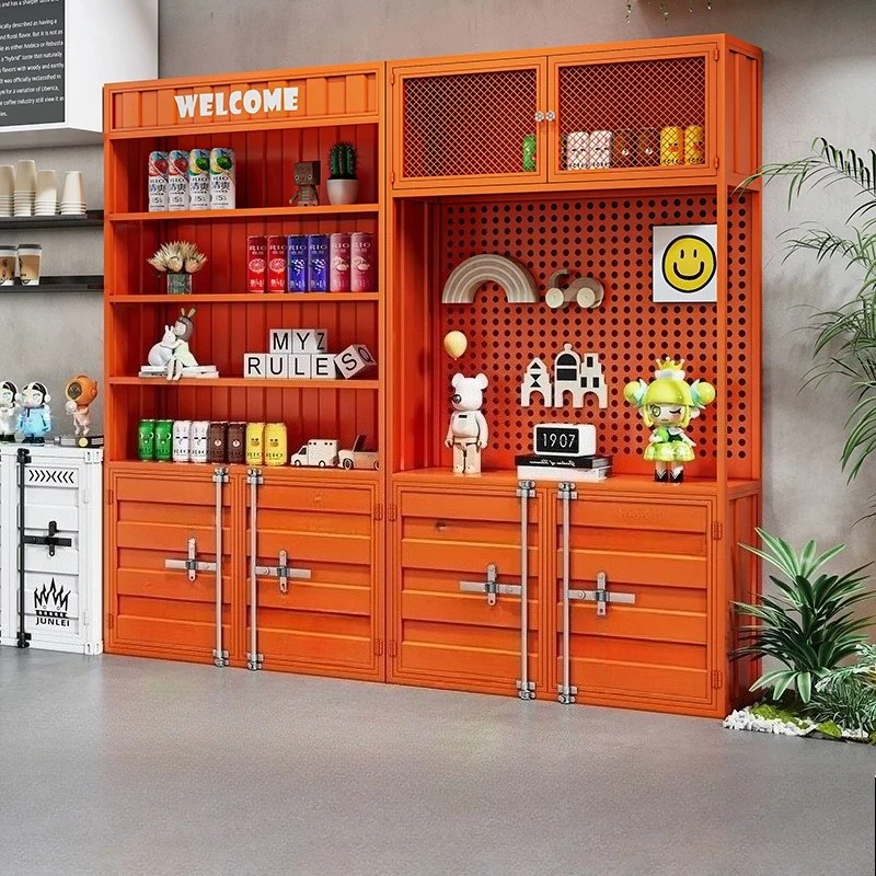 Retro industrial style store figure cabinet sample storage wine cabinet product display against the wall shelf display rack