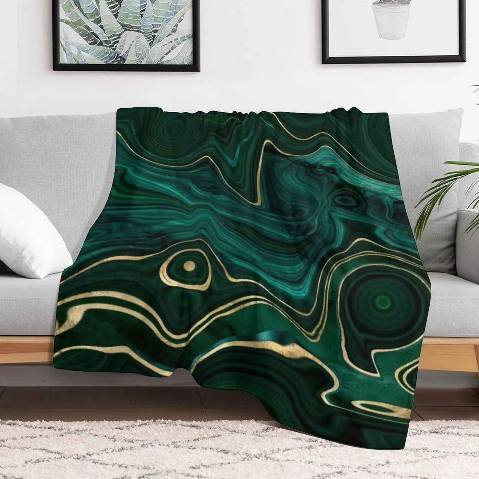 Faux Malachite Marble Texture With Gold Veins I Throw Blanket Warm Flannel Blanket for Couch Chair Bedroom
