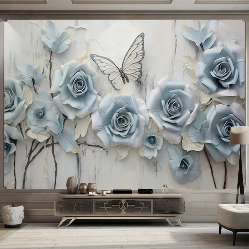 Custom Size 3D Embossed Wallpaper Blue Rose Flowers Butterfly Mural Paper Bedroom Living Room TV Background Wall Decor Painting