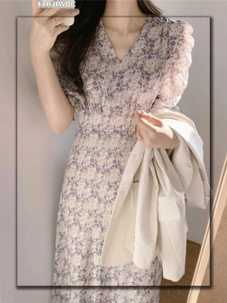 Temperament Chic Dress Hot Sales Women Summer Flhjlwoc Japanese Korea Style Floral Print Retro Vintage Cute Dress Long 5615