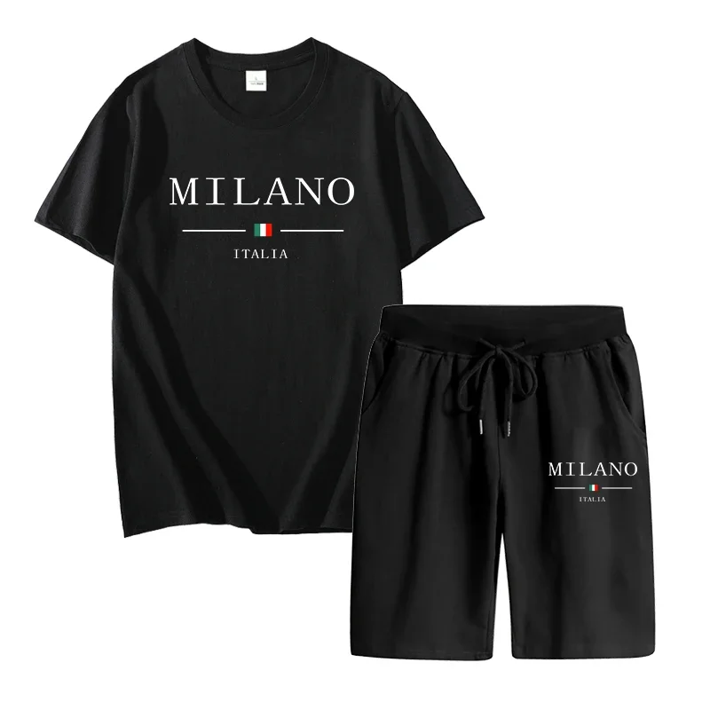 Short Sleeved Mens Casual Suits Pure Cotton T-shirts and Sports Fifthpants Milan Italy Printed Tops Short Pants Male Jogging Set