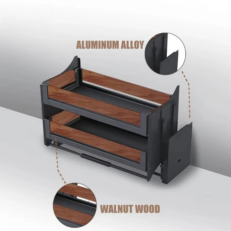 Double Layer Walnut Bowl Dish Basket Modern Design Adjustable Aluminum Alloy Kitchen Storage With Lifting Function