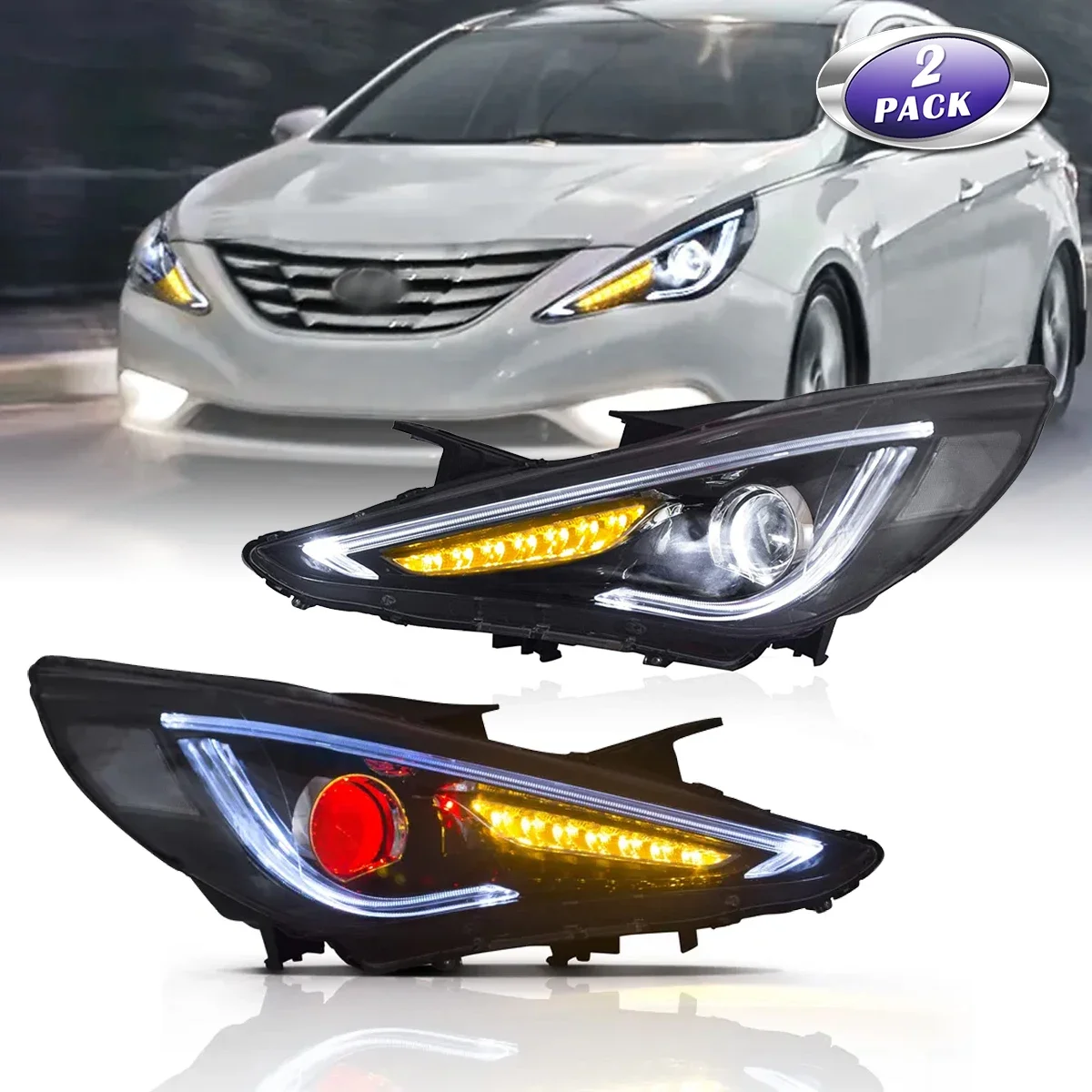 

Светодиодные фары проектора Demon Eye в сборе для Hyundai Sonata 2011 2012 2013 2014, с янтарным последовательным указателем поворота, автомобильные детали