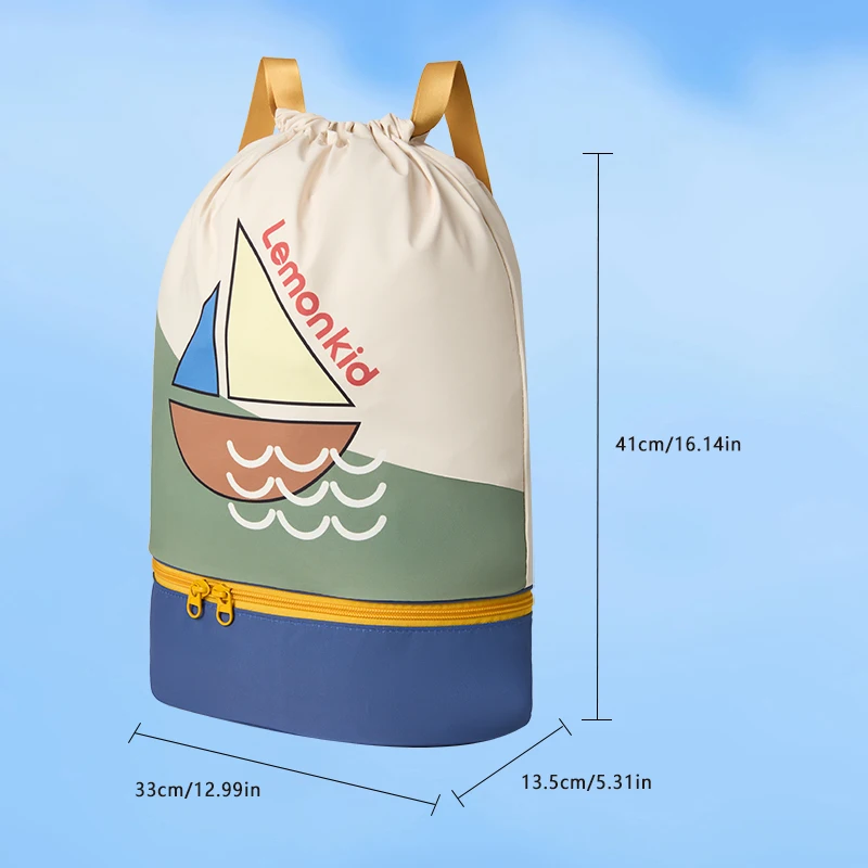 Kids Swimming Bag Drawstring Backpack with Shoes Compartment and Wet Proof Pocket Boys Girls Storage Bag for Swim Beach and Gym