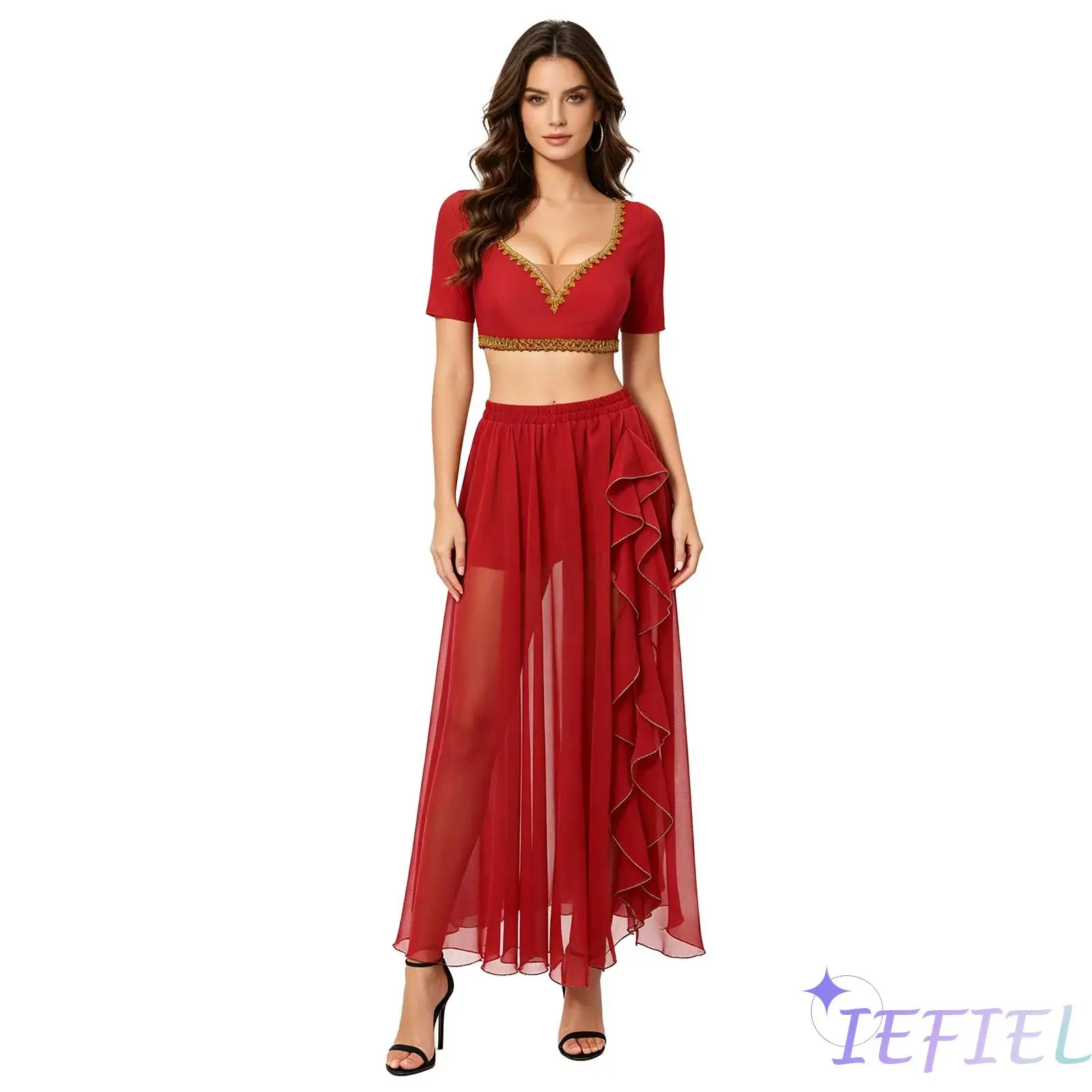 

Elegant Belly Dance Set for Women V Neck Short Sleeve Crop Top with Ruffles Side Split Flowy Skirt Female Modern Dance Clothing