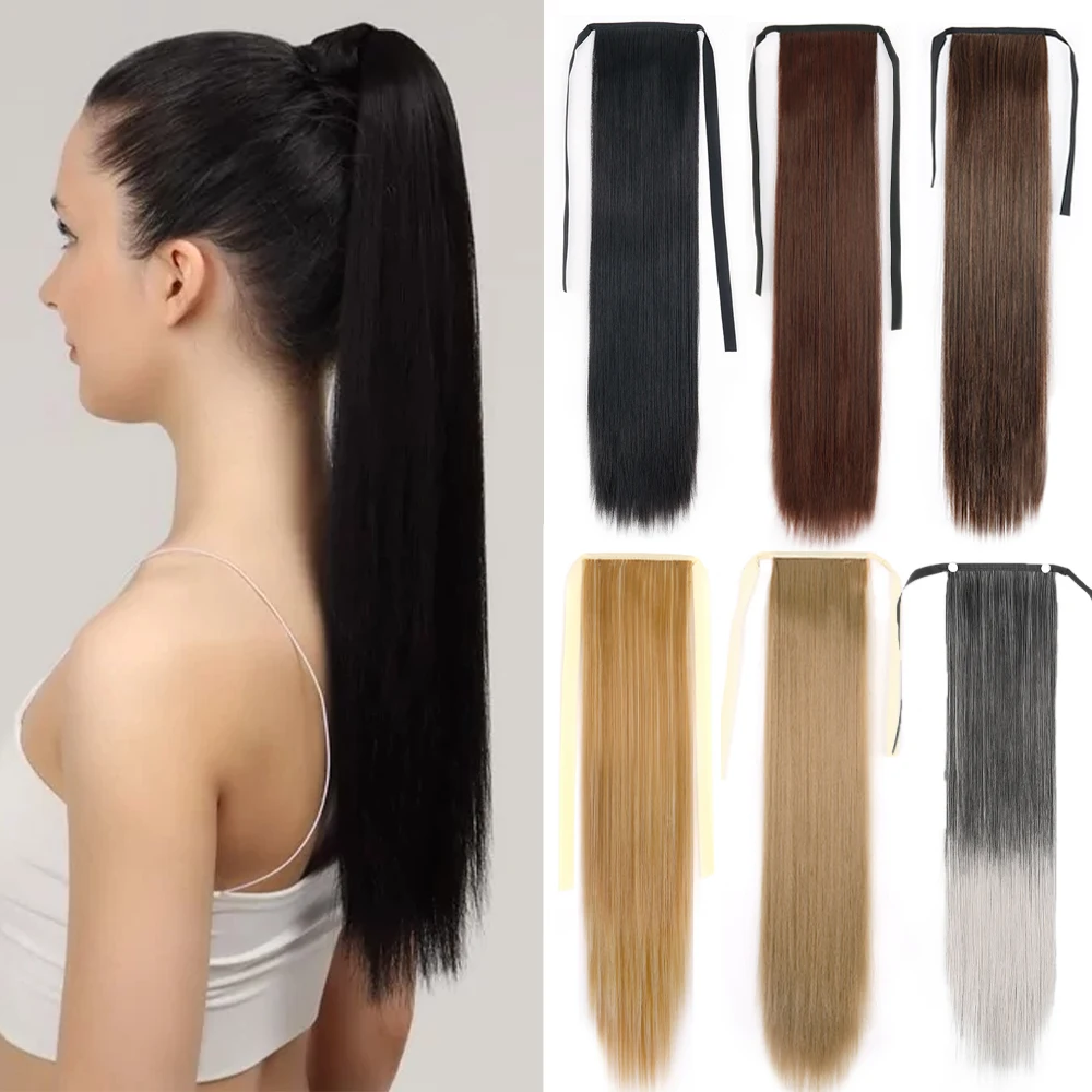 

XINRAN Long Straight Ponytail Synthetic Extensions Hair Heat Resistant Hair 22Inch Wrap Around Pony Hairpiece for Women