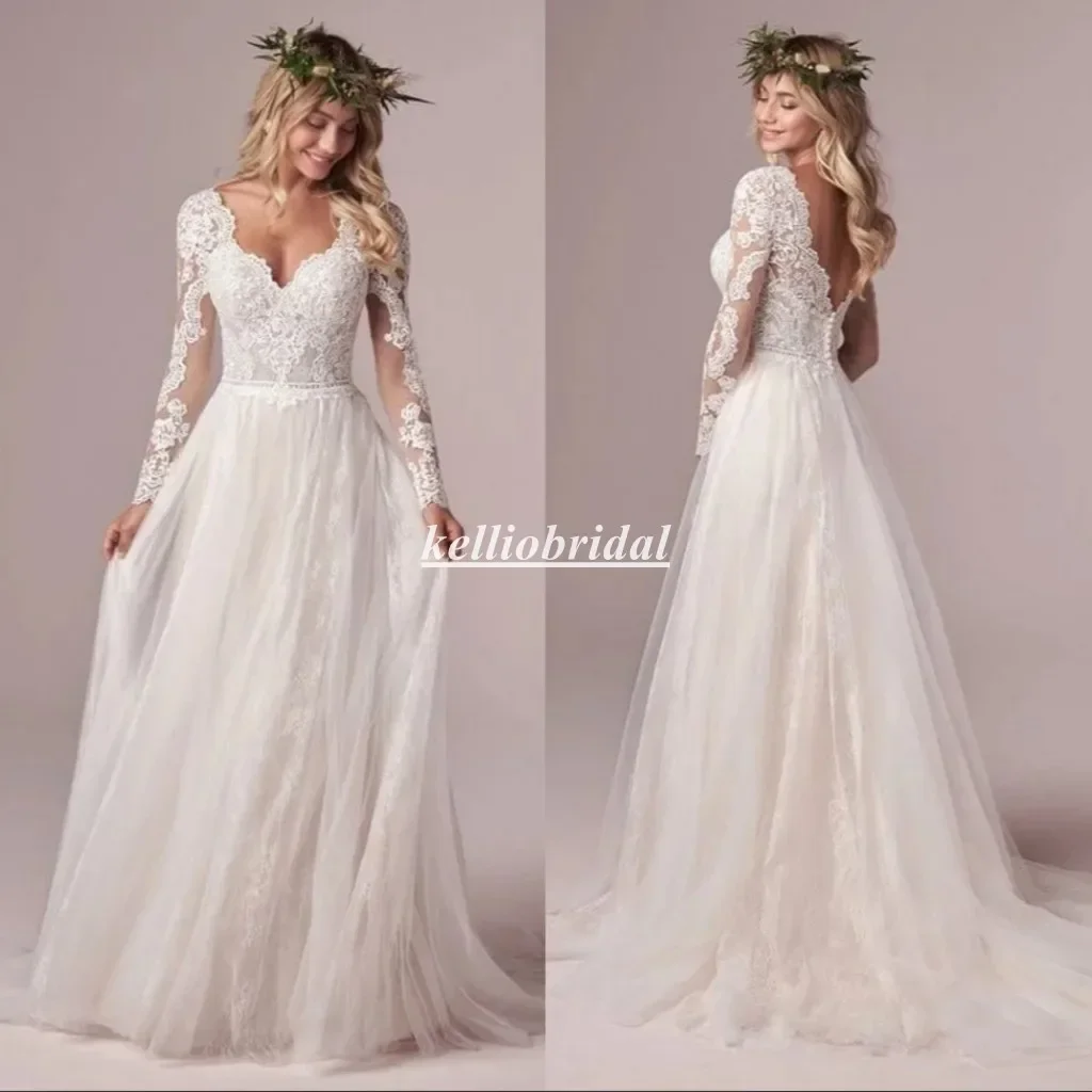 

Custom Made Wedding Dress With Long Sleeves Vneck Aline Floor Length Bridal Gown BHXY003
