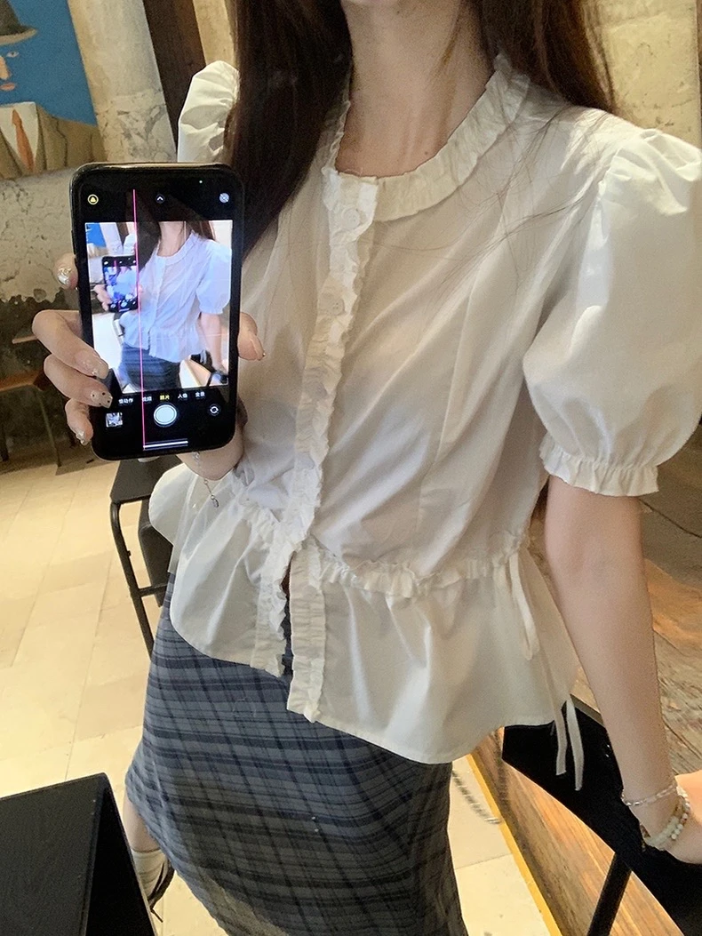 Deeptown-blusa blanca de manga corta para mujer, camisas adelgazantes de cintura, Tops recortados para mujer, moda coreana, Chic, novedad