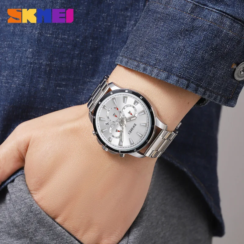 SkmeiMen's Watch Três Olhos e Seis Agulhas Multifuncional Relógio Masculino Clássico redondo Grande Mostrador Relógio de Quartzo Relógio de Pulso
