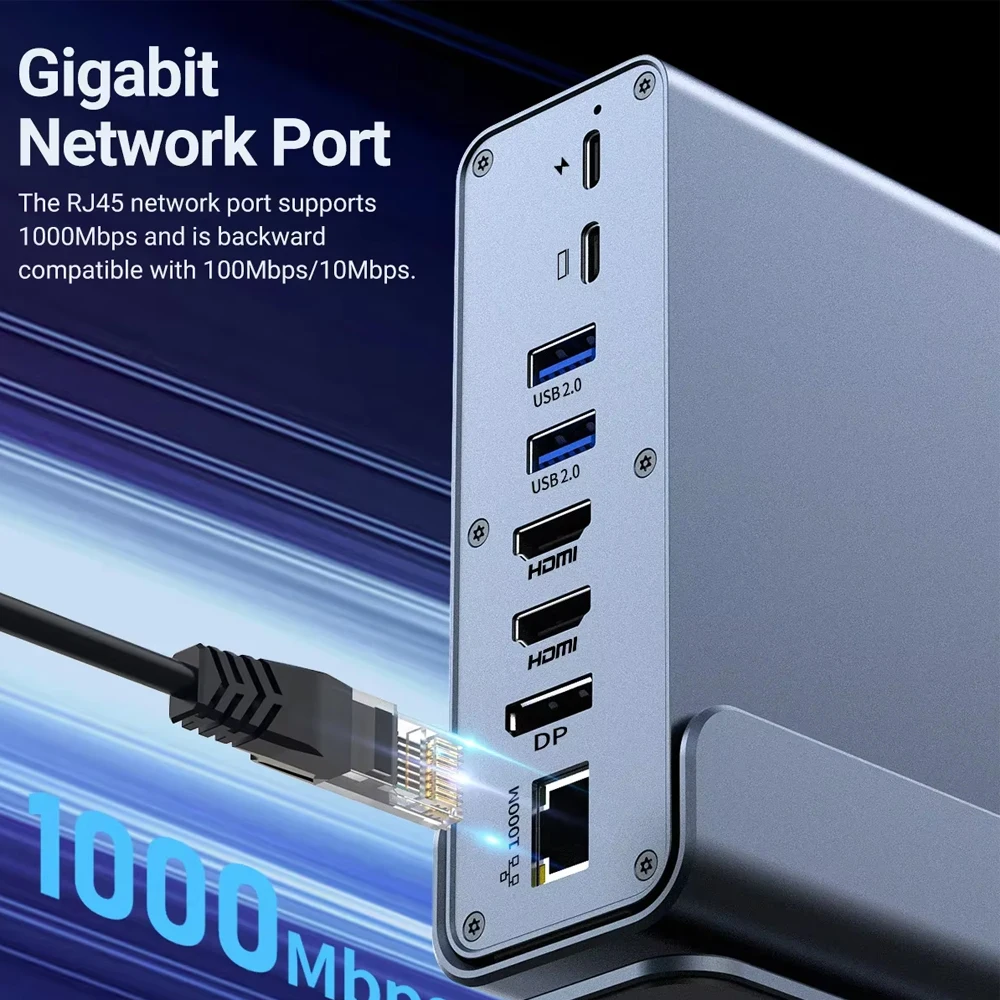 KEBIDUMEI 15 in 1 Vertical Docking Stations TYPE C HUB USB3.0 4K60Hz DisplayPort RJ45 1000Mbps SD TF 3.5mm Adapter For Laptop PC
