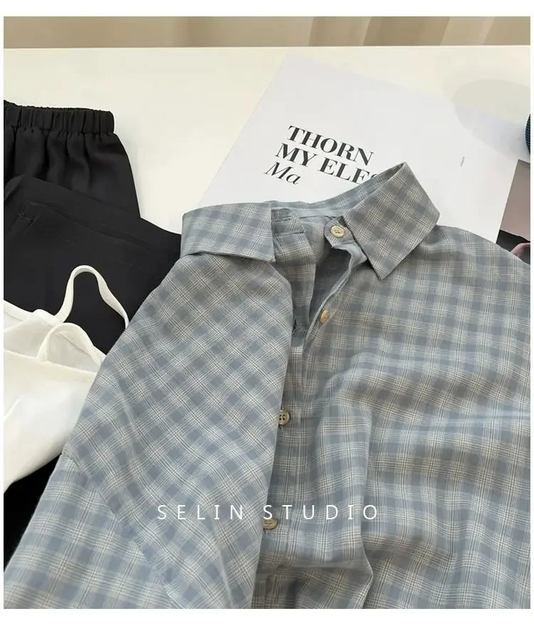 Thin Blouse High-end Shirt French Top Loose Plaid Sunscreen Shirt Women