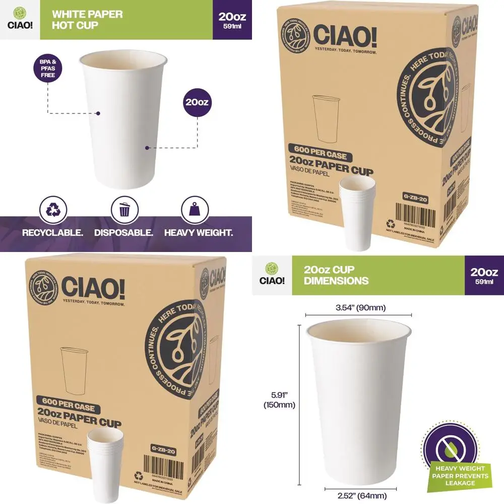 

90mm Diameter Disposable White Paper Hot Cups, 600 Pack