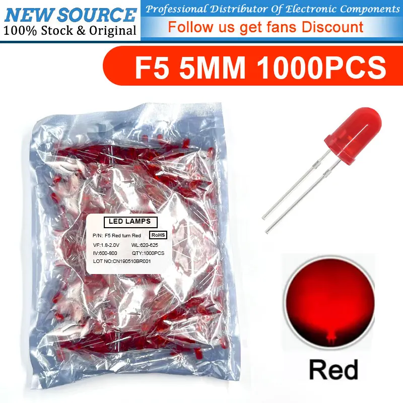 1000pcs F5 5mm Red Turn Red Light-Emitting-Diode LED Diode FreeShipping Stock