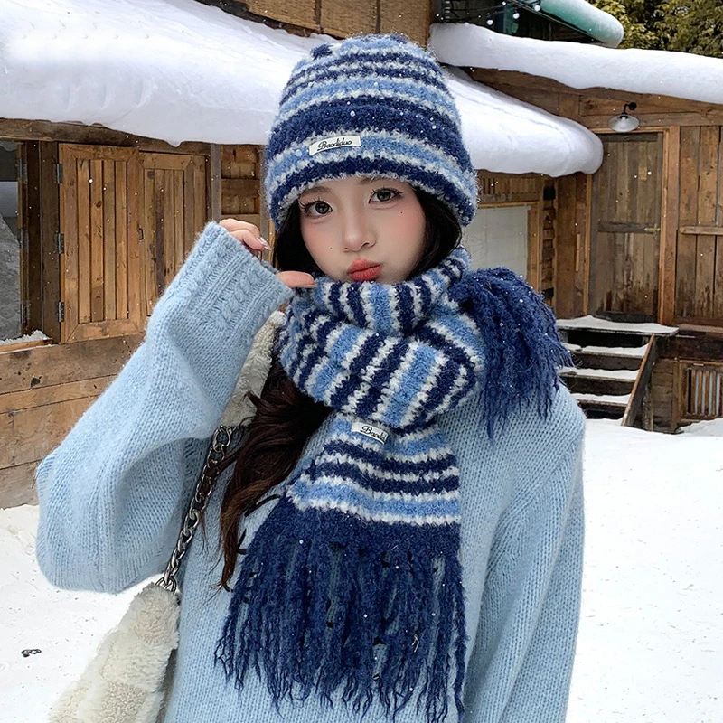 

Winter hat and scarf set-stylish and high-end striped knitted woolen hat with warm ear protection and head covering