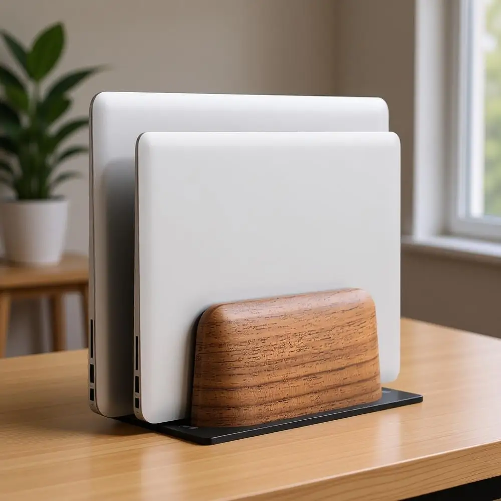 

Деревянная подставка для ноутбука с двумя слотами, регулируемая по ширине, для использования на столе, совместима с MacBook Pro и другими ноутбуками