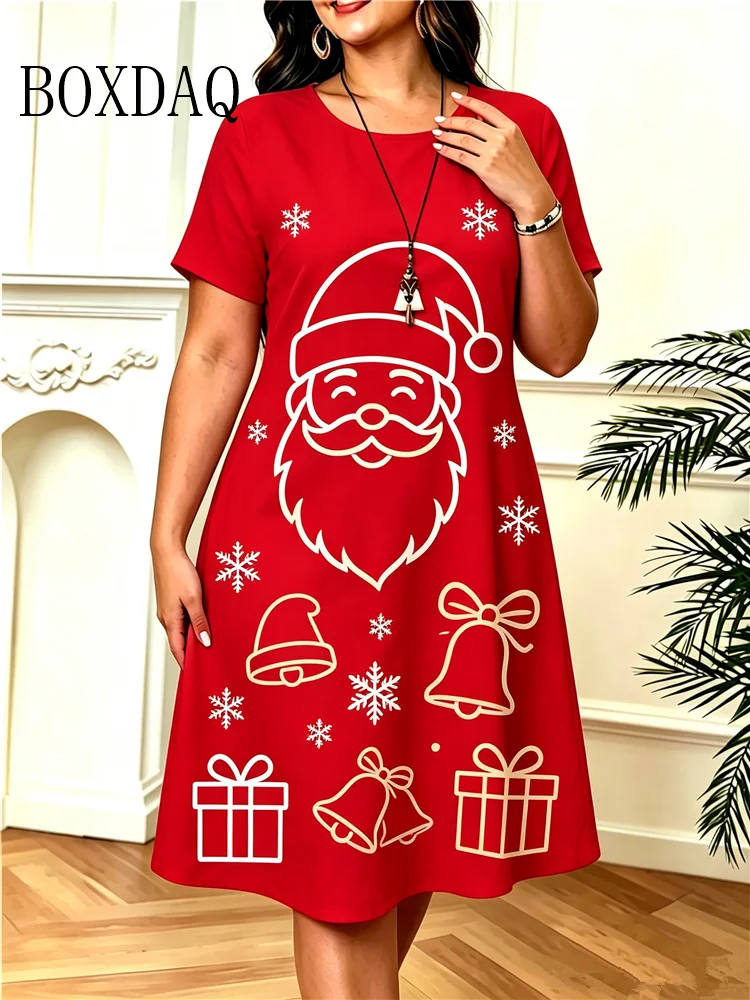 Red Christmas Party Dresses For Women Short Sleeve Loose Clothing Summer Loose Home A-Line Dress Plus Size Casual Christmas Tree