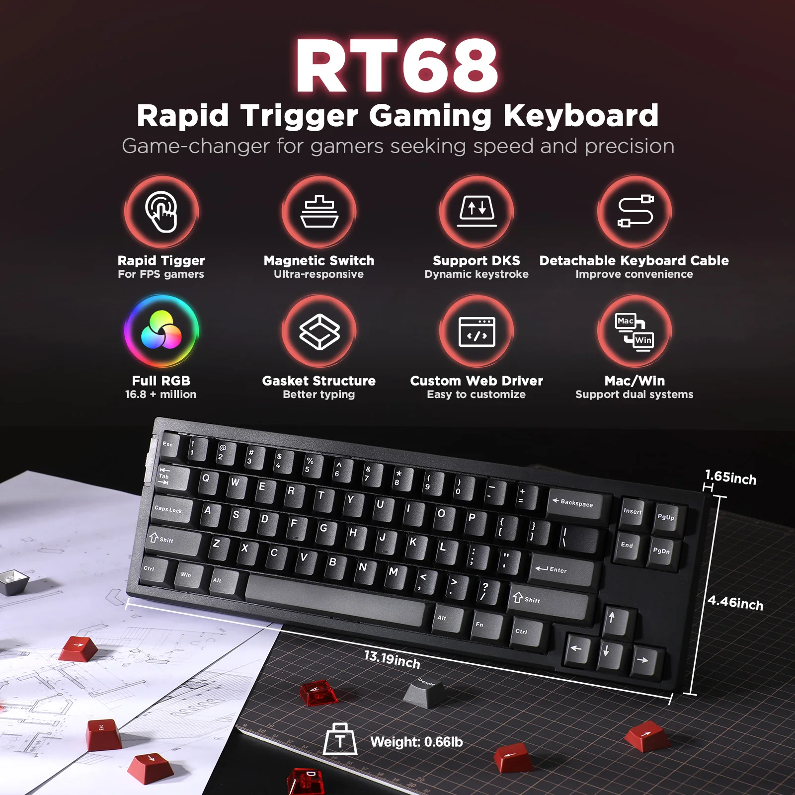 YUNZII RT68 Black Rapid Trigger Mechanical Gaming Keyboard, Hall Effect Magnetic Switch 68-Key Wired RGB Gasket Mount Keyboard