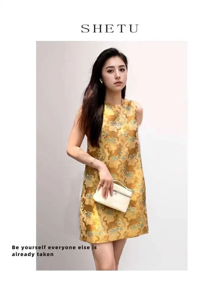 

Новое парчовое желтое платье без рукавов в китайском стиле Тан, летнее новое жаккардовое платье с пятью ядовитами в национальном стиле для женщин