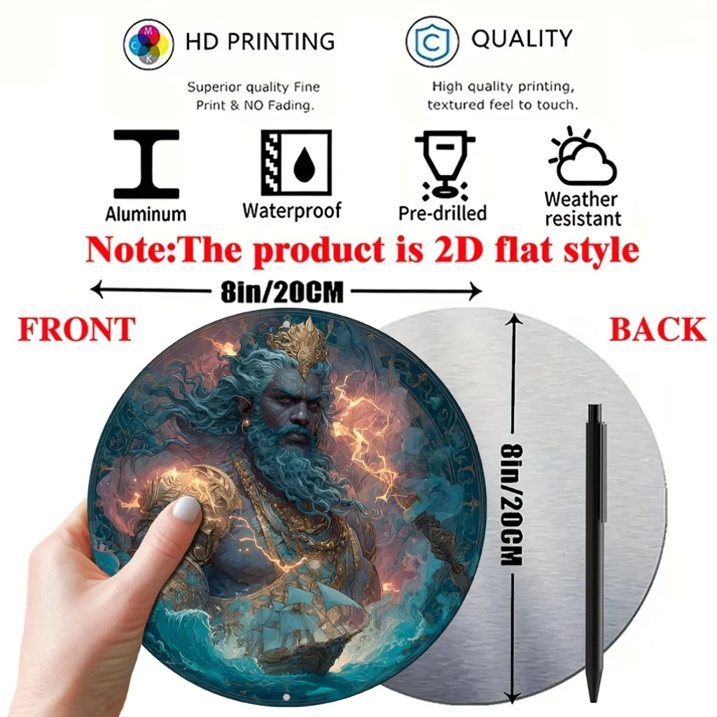 Vintage Poseidon Round Aluminum Tin Sign, Waterproof Durable Metal Plaque Wall Decor for Home Kitchen Office Cafe