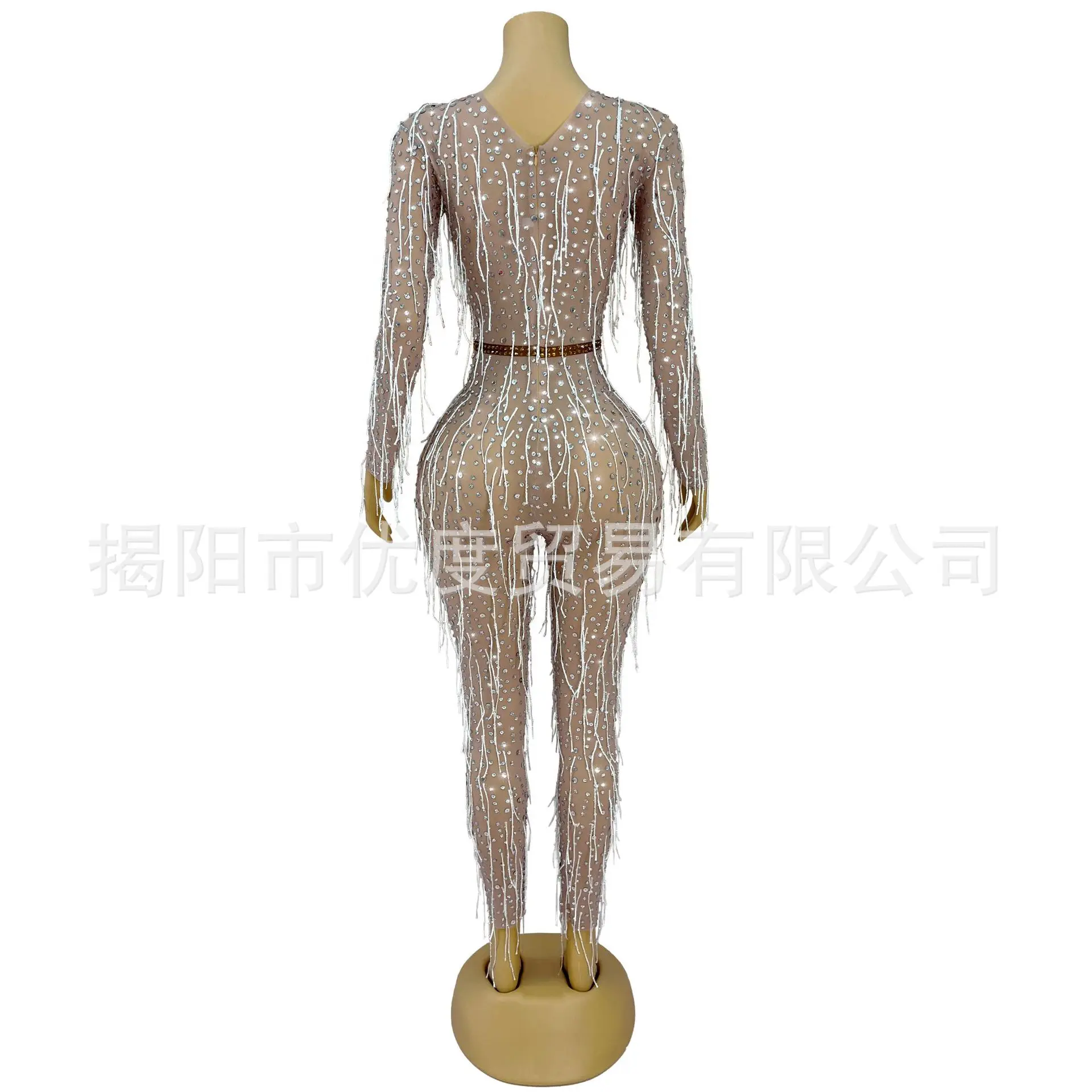 Personalized Slim Fit Handmade Rhinestone Fringed Dress DJ Cocktail Party Performance Party Sequined Jumpsuit Vestido Luxo Festa