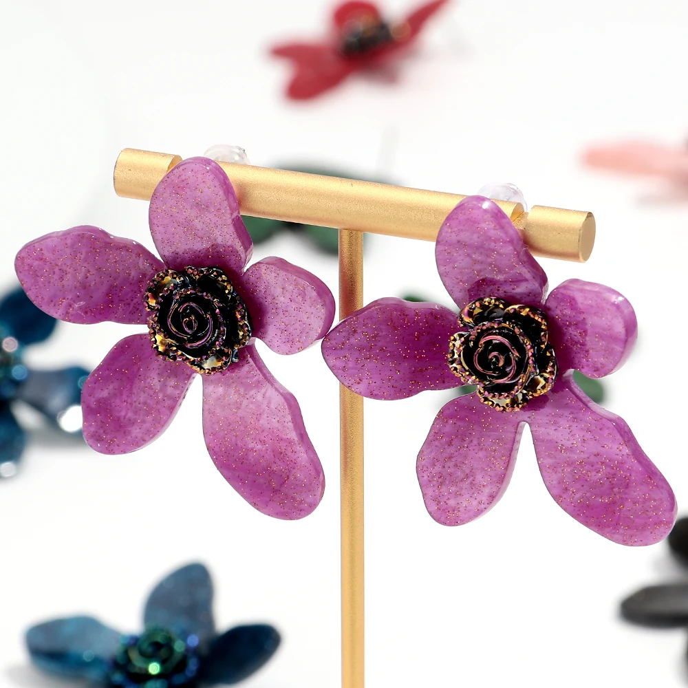 Elegant Glitter Colorful Acrylic Flower Stud Earrings for Women Retro Fashion Camellia Flower Earring Statement Jewelry Gifts