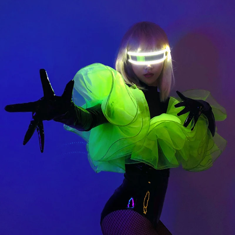 New Nightclub Gogo Dancing Costume Women Pu Leather Bodysuit Rave Outfit Fluorescent Green Lace Up Sexy Pole Dance Clothes