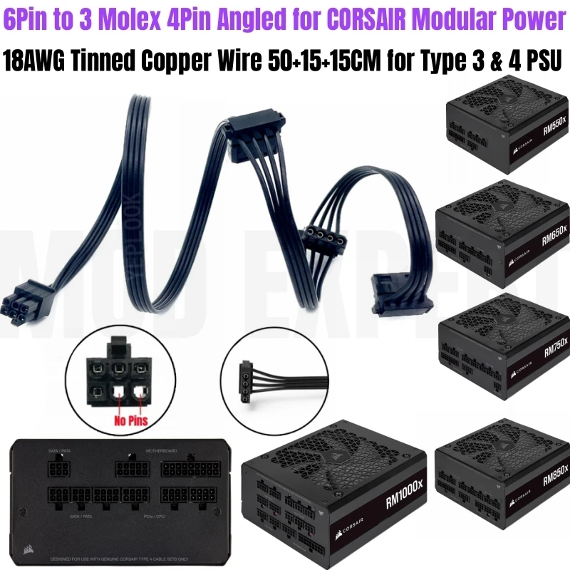 

6Pin to 3 Molex Angled for CORSAIR RM550x, RM650x, RM750x, RM850x, RM1000x Modular Power, IDE 4Pin PATA Fan Power Cable 18AWG