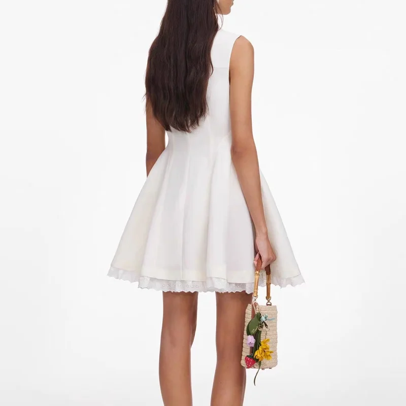 Summer New Women's Simple DesignLinen Blend Turn-down Collar Lace Trim Sleeveless Dress HighQuality FashionCommute A-Line Skirt