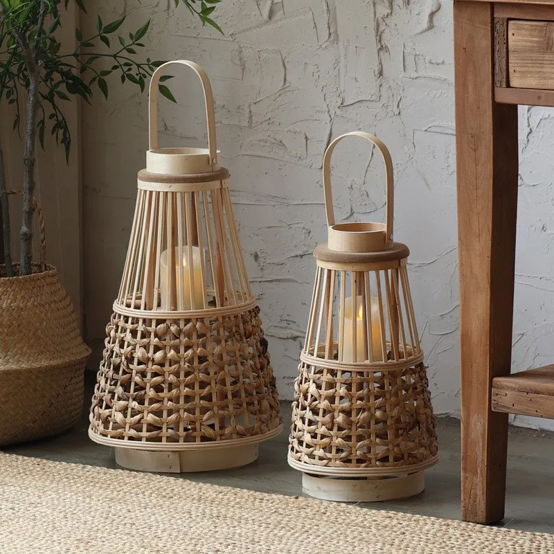 Wooden Wind Lanterns, Pu Cao Weaving Candlestick, Homestay Courtyard, Retro Candle Ornament