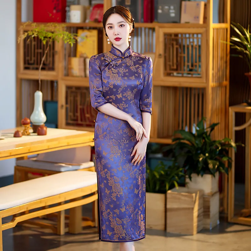 

High-End Full Cardigan Quality Real Silk Cheongsam Qipao Women's Improved Dress Chinese Dress