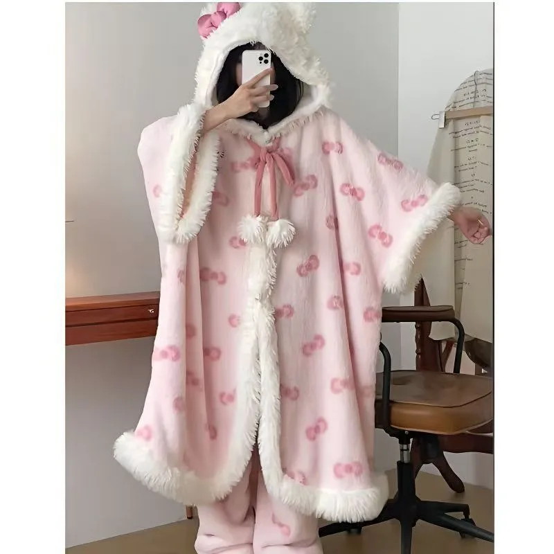 Hello Kitty Kuromi ma chemise de nuit mélodie pyjama à capuche en velours corail pour femmes hiver plus velours épaissi chaud ensemble de vêtements de maison