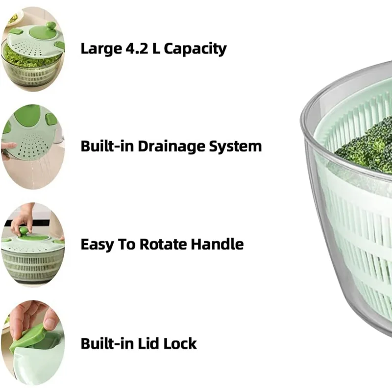 4L Kitchen Vegetable Dryer, Salad Washer with Safety Lid Lock and Swivel Handle