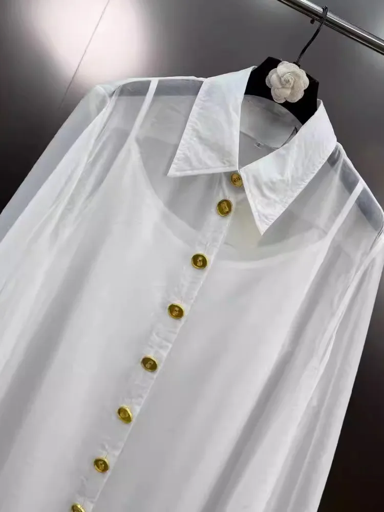 Dfdg feminino 2025 primavera verão sheer camisa vestido colarinho assimétrico botão camisola painéis magro maxi simples vestido casual