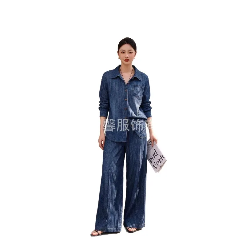 Miyake Pleated 2026 New Spring Autumn Denim Set with Turn-down Collar Long Sleeve Button-up Shirt and Wide-leg Pants Set Pleat