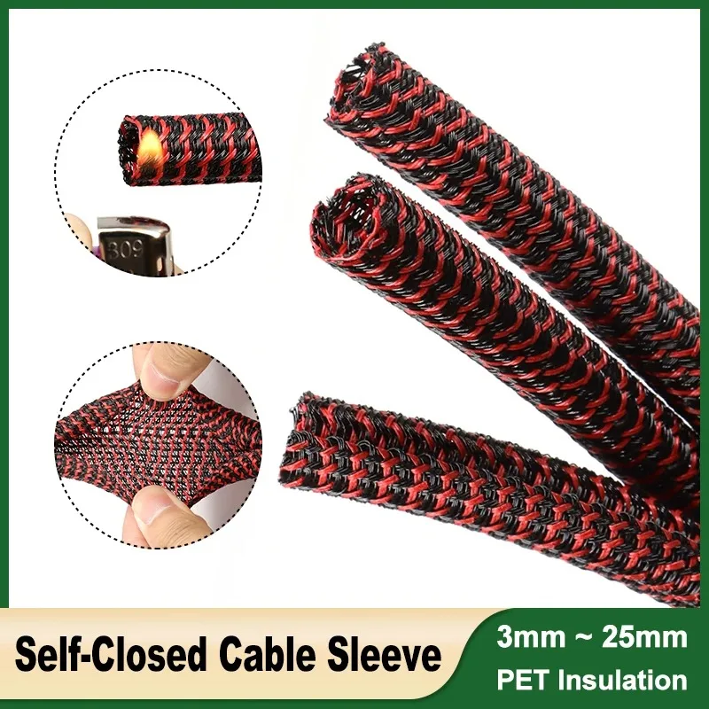 1 - 50M Red-Black 5 8 10 13 16 19 25mm Self-Closed Cable Sleeve PET Braided Insulated Split Sleeved Car Wire Power Cord Protect