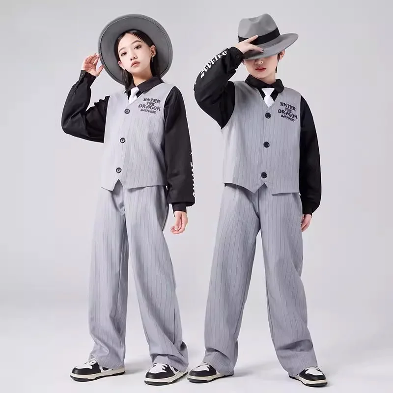 

Детский костюм для выступлений, сценический наряд для танцев в стиле хип-хоп, одежда для мальчиков и девочек, джазовые жилеты для уличных танцев в серую полоску