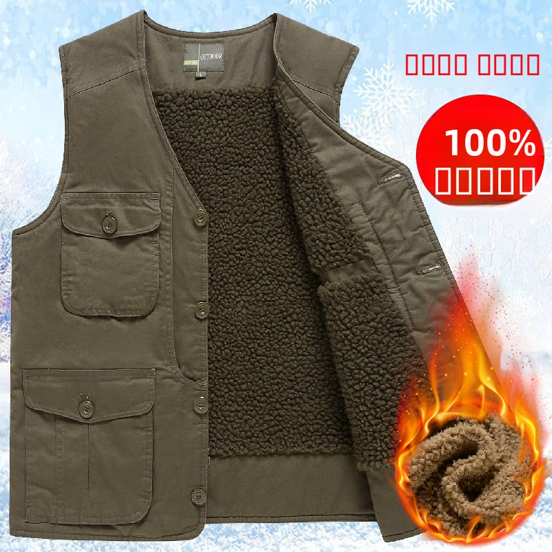 

Thiened Fce Warm Autumn Winter Vest Men's Cotton Polyester Multi-ket eepskin Vest Middle Aged And ly Warm Ba...