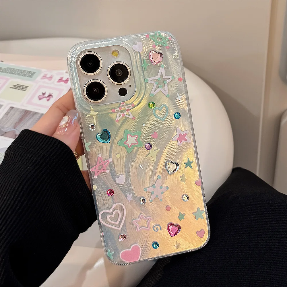 Colorful stars ins shiny blingbling shockproof phone case for iphone 11 13 promax 15 plus 12 14 16 pro max cartoon cute cover