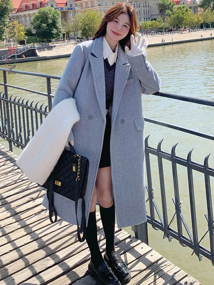 

LANMREM Office Lady Winter Woolen Long Coat Women Notched Collar Solid Color Double Breasted Clothing 2024 Female New 2VV380