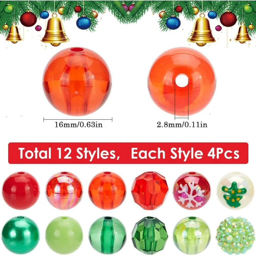 48Pcs 12 Styles Christmas Acrylic Beads Thick Bubble Bead Bulk 16mm Assorted Green Red Xmas Round Ball Disco Faceted making kit