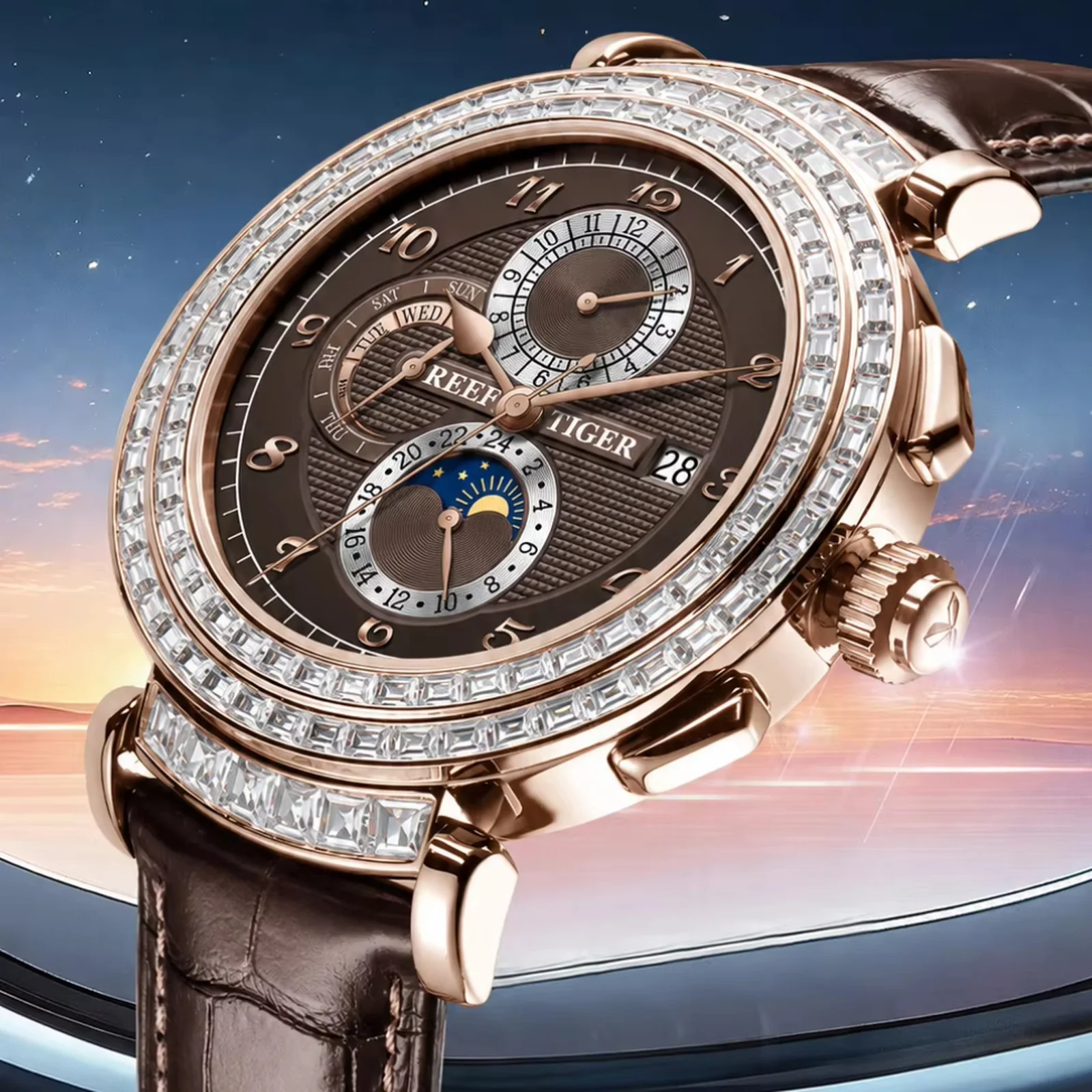 Reef Tiger Classic Luxury Men's Mechanical Watch Diamond Dial Leather Band Moon Phase Calendar Day-Date Multifunction Wristwatch