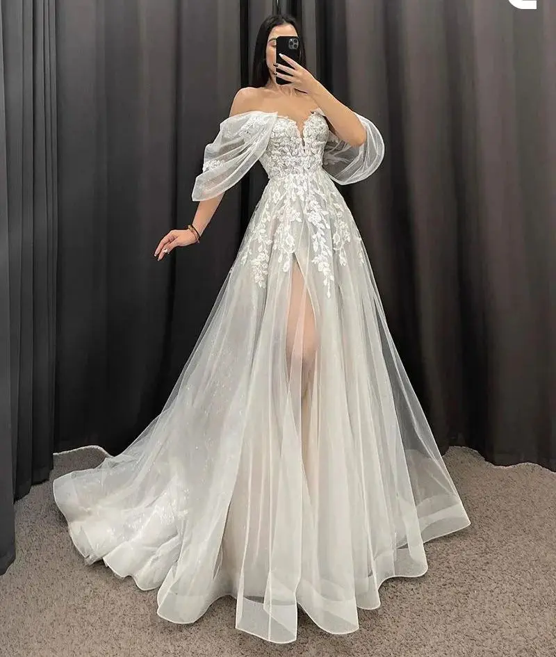 

Glitter Sequins Ivory Wedding Dresses Off Shoulder Lace Appliques Bridal Gowns Sexy Floor Length Customized Vestidos De Mariee