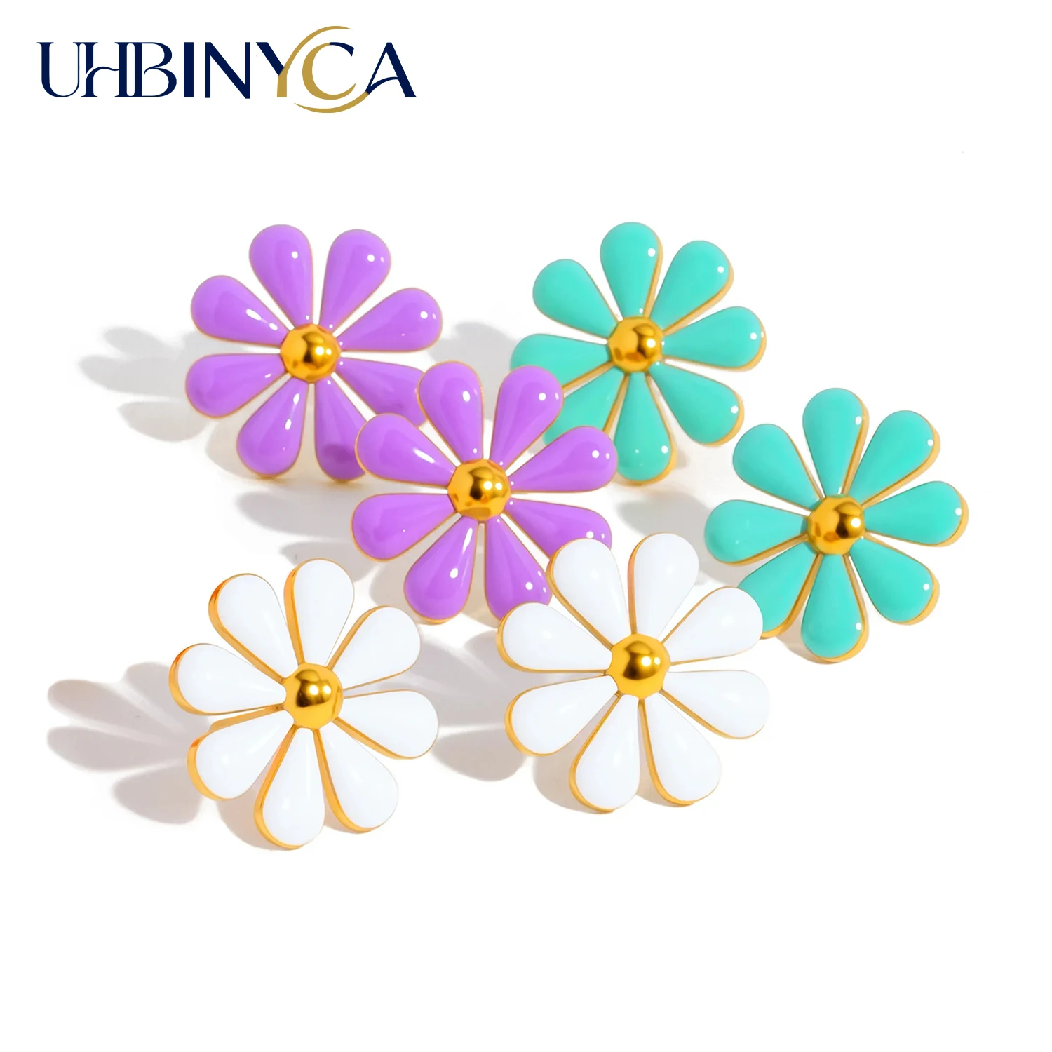 Daisy Stud Earrings with Cold Enamel for Women - Hypoallergenic 18K Gold Plated Stainless Steel - Vibrant Cute Floral Jewelry